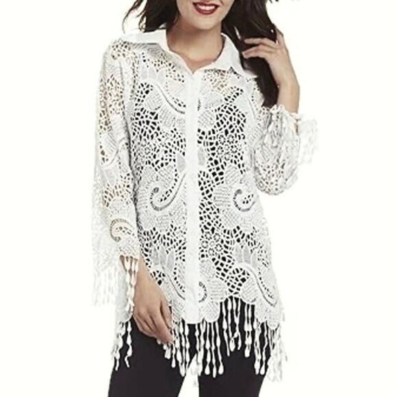 Simply Couture White Eyelet Lace Fringe Button Down Long SleeveTop Women's XL - Picture 2 of 12